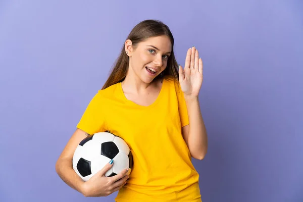 Young Lithuanian Football Player Woman Isolated Purple Background Saluting Hand — 图库照片