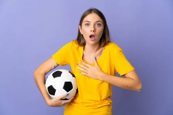 Young Lithuanian Football Player Woman Isolated Purple Background Surprised Shocked — 스톡 사진