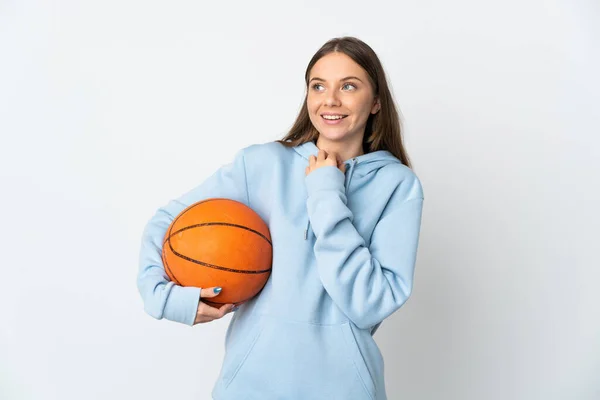 Young Lithuanian Woman Playing Basketball Isolated White Background Looking While — Stock Photo, Image