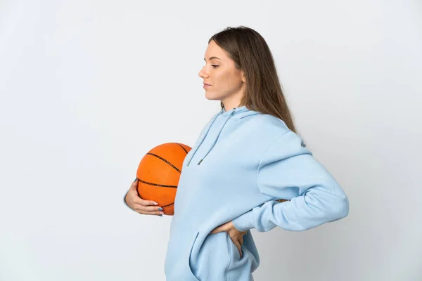 Young Lithuanian Woman Playing Basketball Isolated White Background Suffering Backache — стокове фото