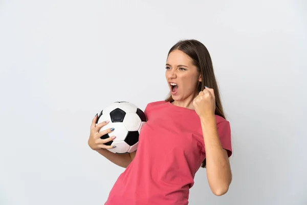 Jovem Lituana Isolada Fundo Branco Com Bola Futebol Celebrando Uma — Fotografia de Stock