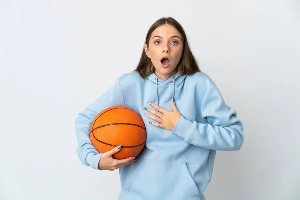 Young Lithuanian Woman Playing Basketball Isolated White Background Surprised Shocked — Stock Photo, Image