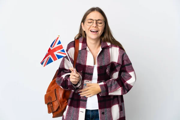 Young Lithuanian Woman Holding United Kingdom Flag Isolated White Background — 图库照片