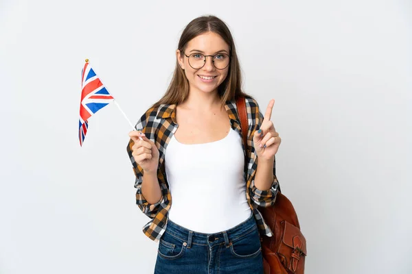 Jovem Lituana Segurando Uma Bandeira Reino Unido Isolada Fundo Branco — Fotografia de Stock