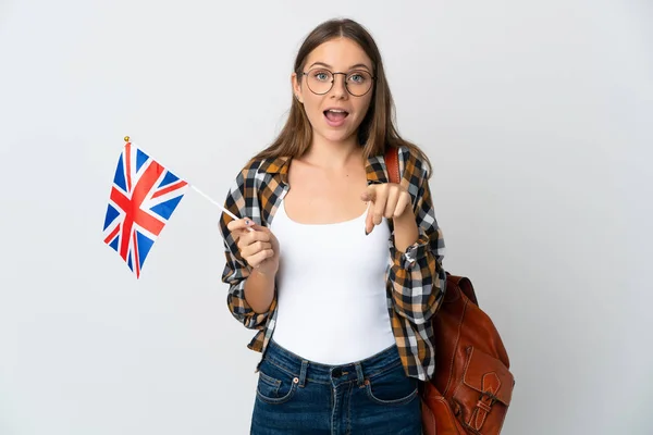 Young Lithuanian Woman Holding United Kingdom Flag Isolated White Background — Stock fotografie