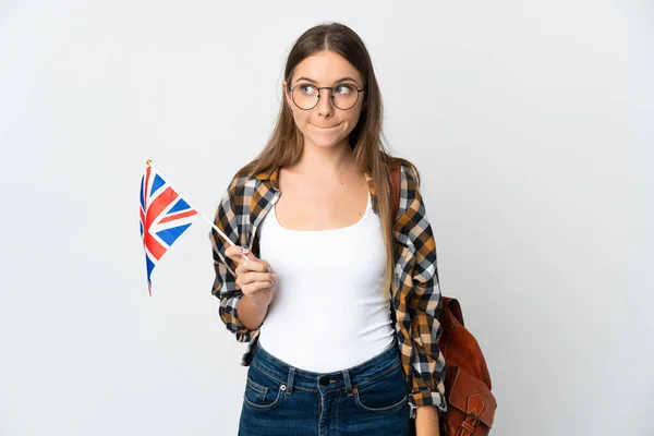 Young Lithuanian Woman Holding United Kingdom Flag Isolated White Background — Zdjęcie stockowe