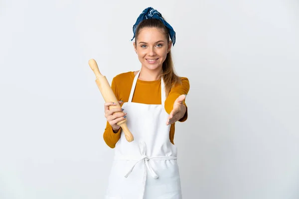 Young Lithuanian Woman Holding Rolling Pin Isolated White Background Shaking — стоковое фото
