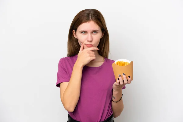 Young English Woman Holding Fried Chips Isolated White Background Thinking — Fotografia de Stock