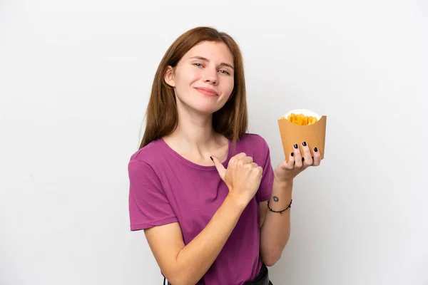 Young English Woman Holding Fried Chips Isolated White Background Proud — Fotografia de Stock