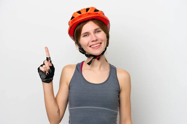 Young Cyclist English Woman Isolated White Background Showing Lifting Finger — стоковое фото