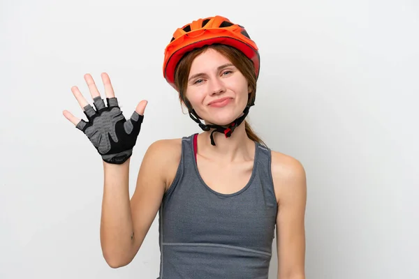 Młoda Rowerzystka Angielska Kobieta Odizolowana Białym Tle Liczyła Pięć Palców — Zdjęcie stockowe