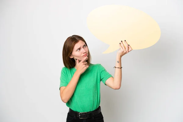 Young English Woman Isolated White Background Holding Empty Speech Bubble — Stock Photo, Image