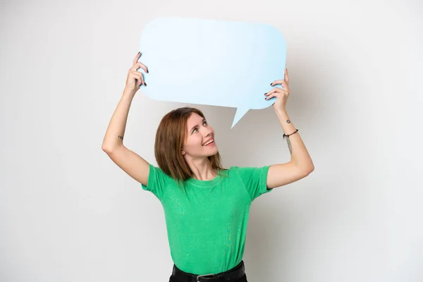 Young English Woman Isolated White Background Holding Empty Speech Bubble — Fotografia de Stock