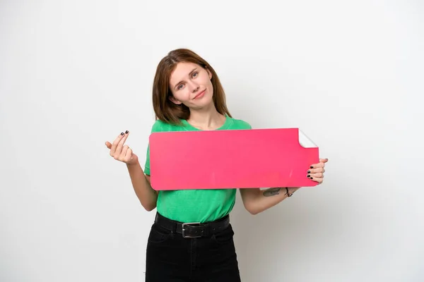Young English Woman Isolated White Background Holding Empty Placard Doing — стоковое фото