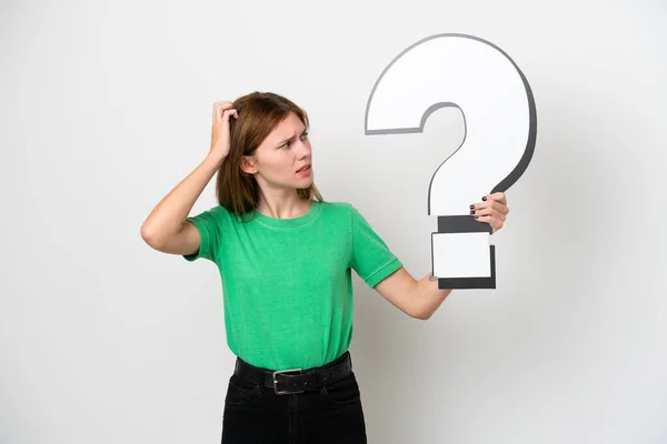 Young English Woman Isolated White Background Holding Question Mark Icon — Stock Photo, Image