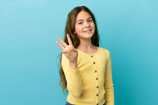 Little Caucasian Girl Isolated Blue Background Happy Counting Three Fingers — 스톡 사진