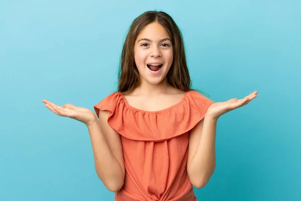 Little Caucasian Girl Isolated Blue Background Shocked Facial Expression — 图库照片