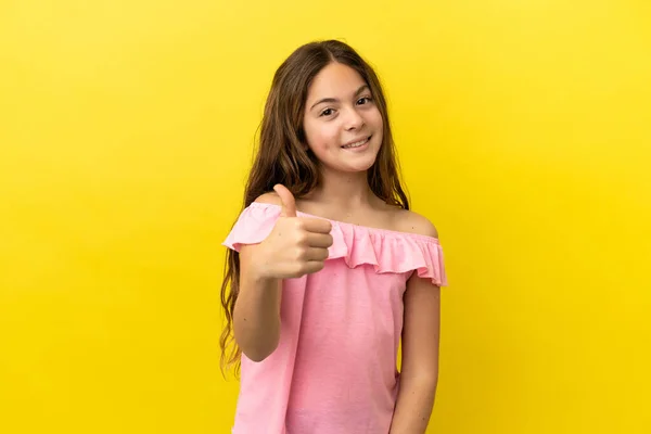 Little Caucasian Girl Isolated Yellow Background Thumbs Because Something Good — ストック写真