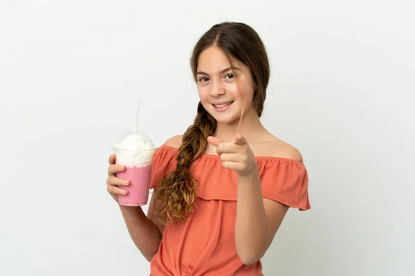 Little Caucasian Girl Strawberry Milkshake Isolated White Background Pointing Front — ストック写真