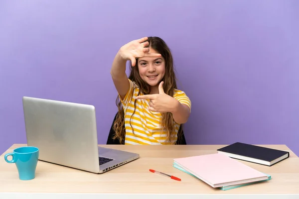 Little Student Girl Workplace Laptop Isolated Purple Background Focusing Face — Foto de Stock