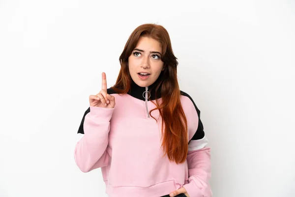 Young Redhead Woman Isolated White Background Thinking Idea Pointing Finger — 스톡 사진