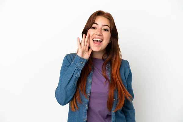Young Redhead Woman Isolated White Background Shouting Mouth Wide Open — Zdjęcie stockowe