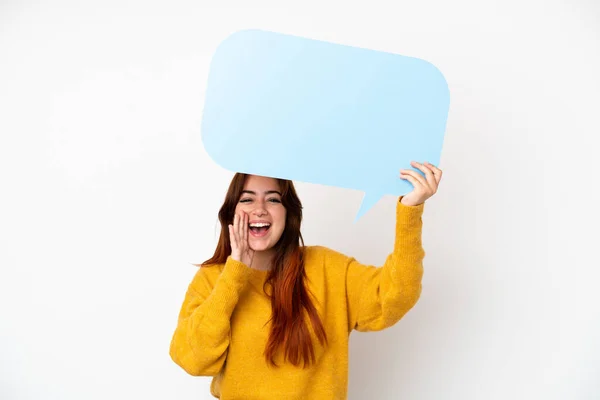 Young Redhead Woman Isolated White Background Holding Empty Speech Bubble — 图库照片