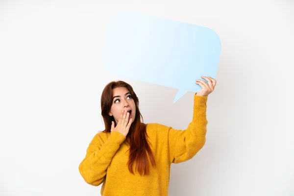 Young Redhead Woman Isolated White Background Holding Empty Speech Bubble — Zdjęcie stockowe