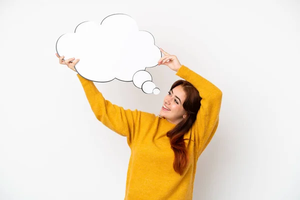 Young Redhead Woman Isolated White Background Holding Thinking Speech Bubble — Stock Photo, Image