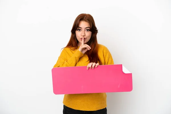 Young Redhead Woman Isolated White Background Holding Empty Placard Doing — Stock fotografie