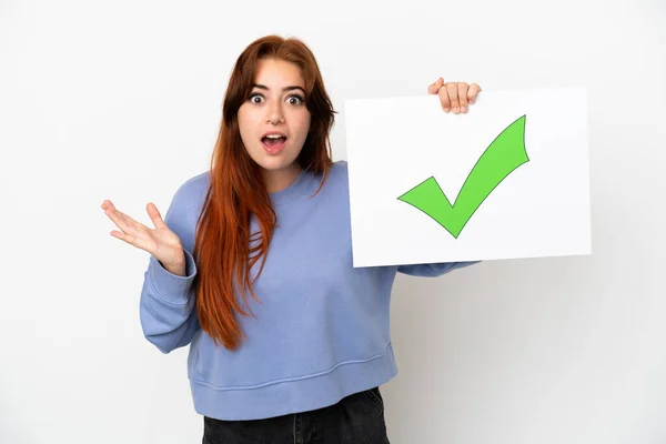 Young Redhead Woman Isolated White Background Holding Placard Text Green — Foto de Stock