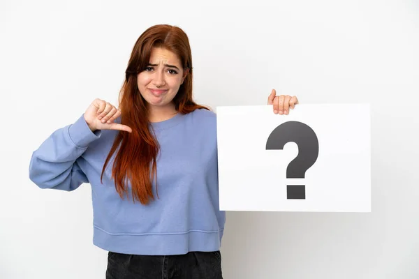 Young Redhead Woman Isolated White Background Holding Placard Question Mark — 스톡 사진