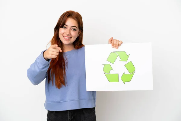 Young Redhead Woman Isolated White Background Holding Placard Recycle Icon —  Fotos de Stock