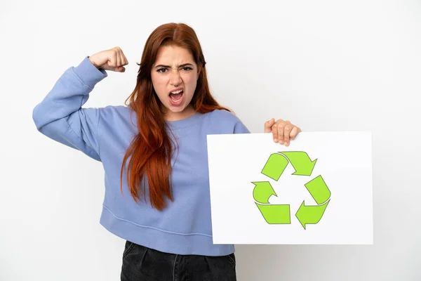 Young Redhead Woman Isolated White Background Holding Placard Recycle Icon —  Fotos de Stock