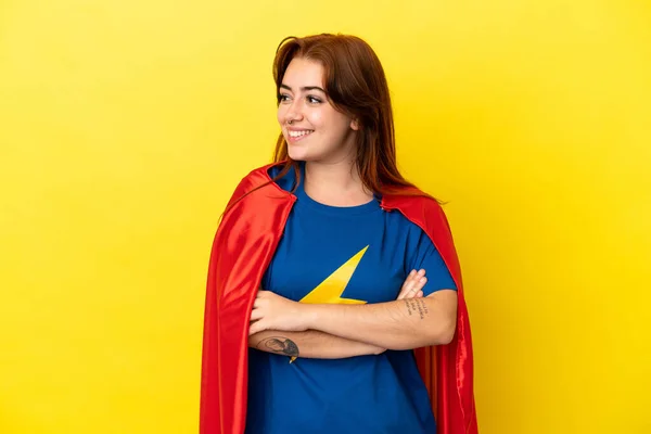 Super Hero Redhead Woman Isolated Yellow Background Looking Side — Stock fotografie