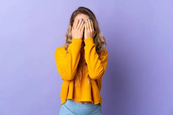 Young Brazilian Woman Isolated Purple Background Covering Eyes Hands — Stock Photo, Image