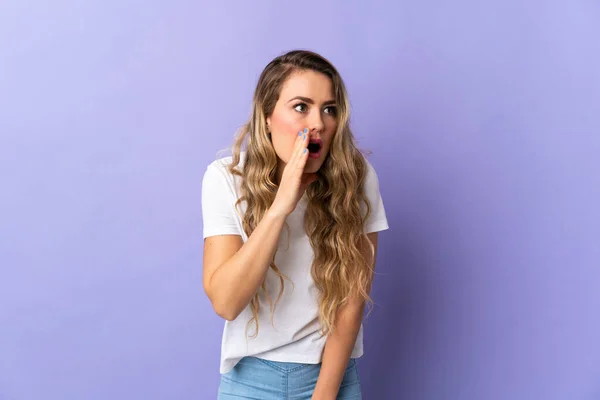 Young Brazilian Woman Isolated Purple Background Whispering Something Surprise Gesture — стоковое фото