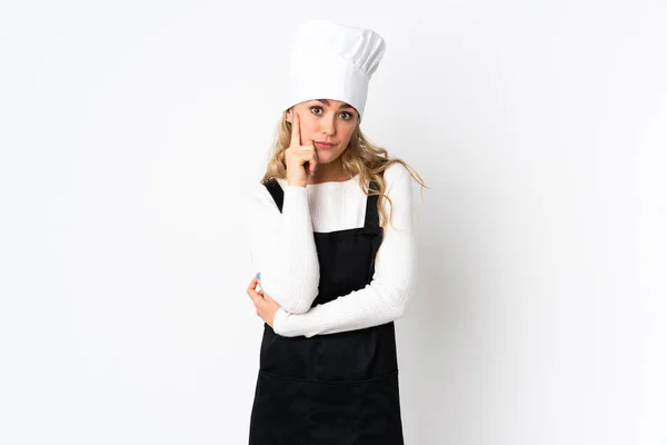 Young Brazilian Chef Woman Isolated White Background Thinking Idea — стокове фото