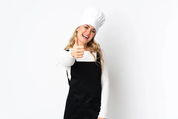 Young Brazilian Chef Woman Isolated White Background Thumbs Because Something — Stock Photo, Image