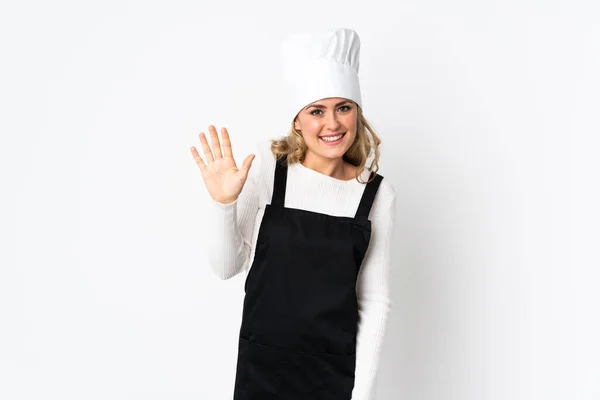 Young Brazilian Chef Woman Isolated White Background Saluting Hand Happy — Zdjęcie stockowe