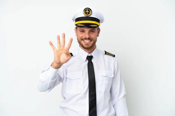 Airplane Brazilian Pilot Isolated White Background Happy Counting Four Fingers — Stockfoto