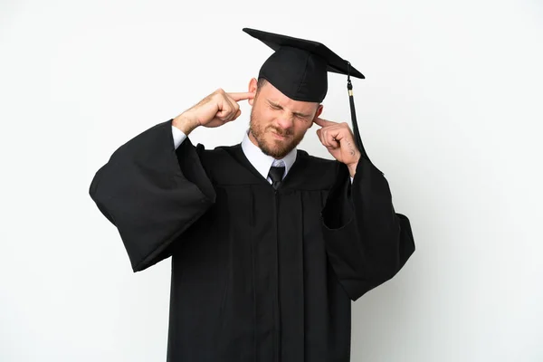Young University Brazilian Graduate Isolated White Background Frustrated Covering Ears — Foto Stock