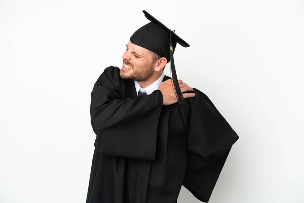 Junge Brasilianische Universitätsabsolventin Auf Weißem Hintergrund Isoliert Leidet Unter Schulterschmerzen — Stockfoto