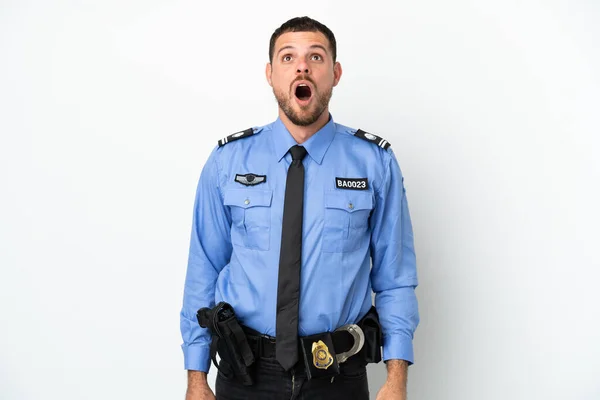 Young Police Brazilian Man Isolated White Background Looking Surprised Expression — стокове фото