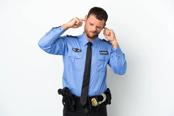 Young Police Brazilian Man Isolated White Background Frustrated Covering Ears —  Fotos de Stock