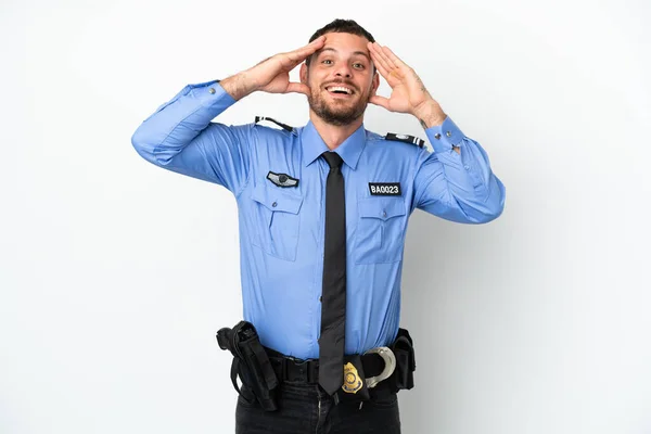 Young Police Brazilian Man Isolated White Background Surprise Expression —  Fotos de Stock