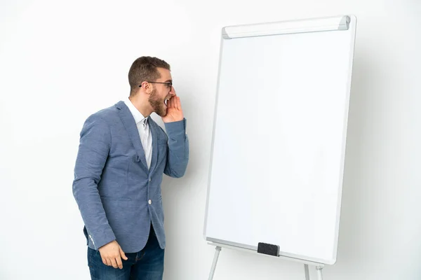 Young Business Woman Giving Presentation White Board Isolated White Background — Foto Stock
