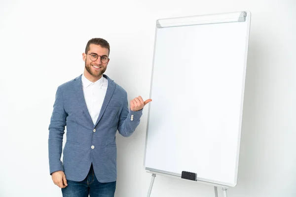 Young Business Woman Giving Presentation White Board Isolated White Background — Stockfoto