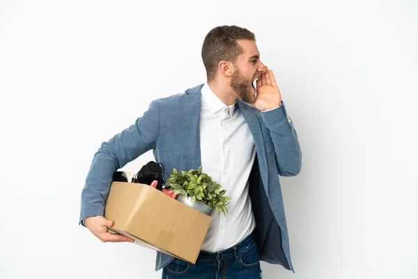 Young Caucasian Making Move While Picking Box Full Things Isolated — Stock Photo, Image