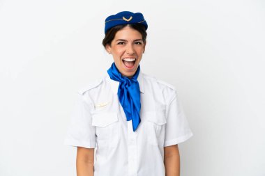Uçak hostesi beyaz arka planda yalıtılmış beyaz yüzlü beyaz kadın.